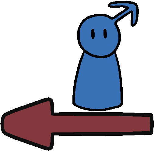 A blue figure standing above a red arrow pointing left.